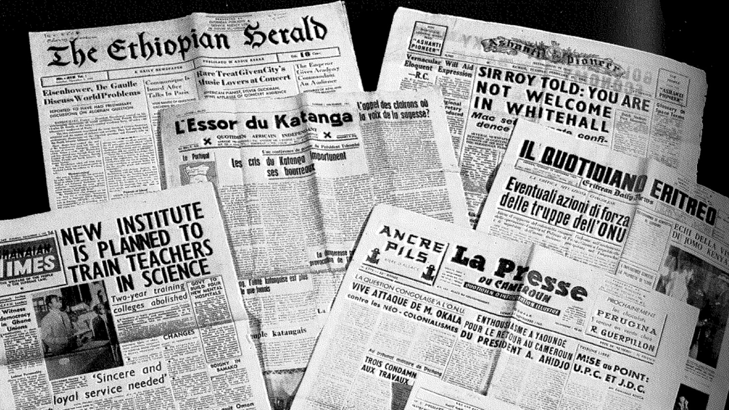 A collection of African newspapers from the 1960s.